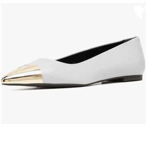 FOWT White Cap Toe Pump Ballet Flats Metal Pointy Toe Love Cut Out Dress Shoes